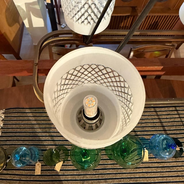 Mid 20th Century Danish Modern Teak & Brass 6-Light Chandelier With Textured Glass Shades For Sale - Image 10 of 12