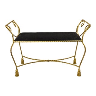 Mid 20th Century Italian Hollywood Regency Iron Rope & Tassel Gold Gilt Leaf Bench Black Seat For Sale