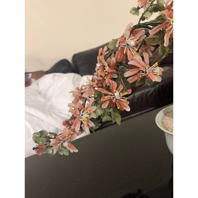 VTG Bonsai Jade Stone Rose Quartz Agate Glass Flower Leaf Tree Celadon Pot 19in For Sale - Image 4 of 7