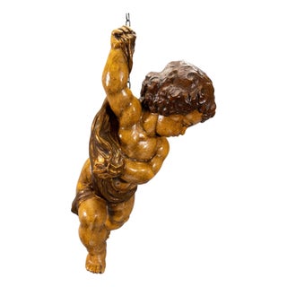 German Baroque Revival Style Polychromed Carved Wood Putto Figure For Sale