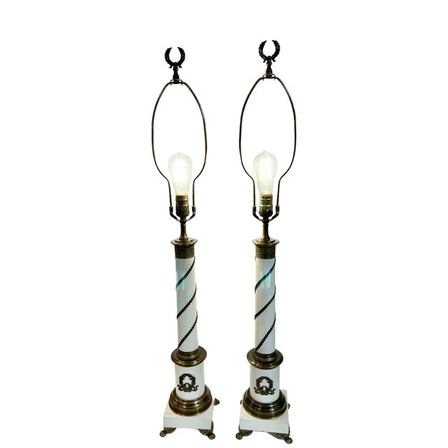 Pair Mid Century Hollywood Regency Stiffel Style Brass Neoclassical Style Lamps, Unmarked For Sale - Image 10 of 12