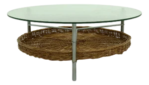 Round Coffee Table with Rattan Magazine Rack and Glass Top, 1960s