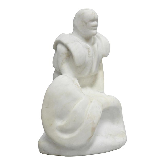 Vintage Seymour Shuren Modern White Carved Marble Male Soldier Figure Sculpture For Sale