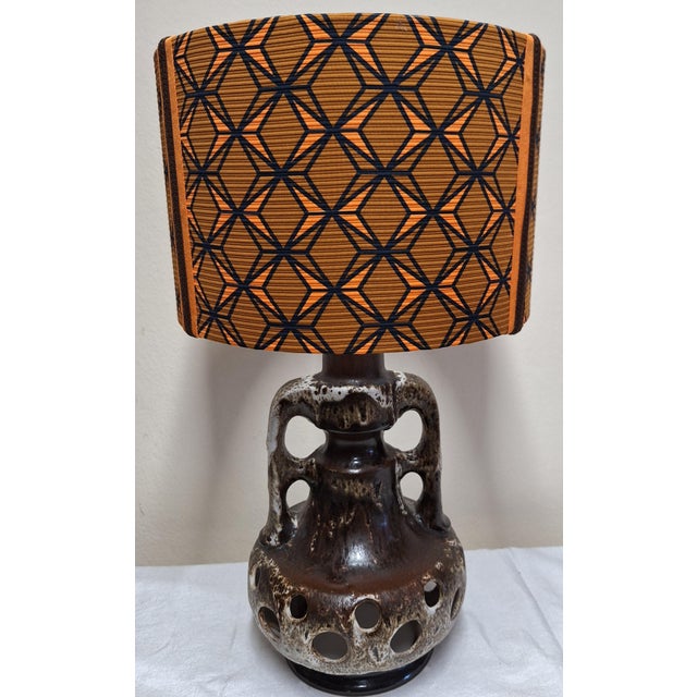 Textile Vintage German Fat Lava Table Lamp with Brown-Grey Ceramic Base and Fabric Shade, 1970s For Sale - Image 7 of 9