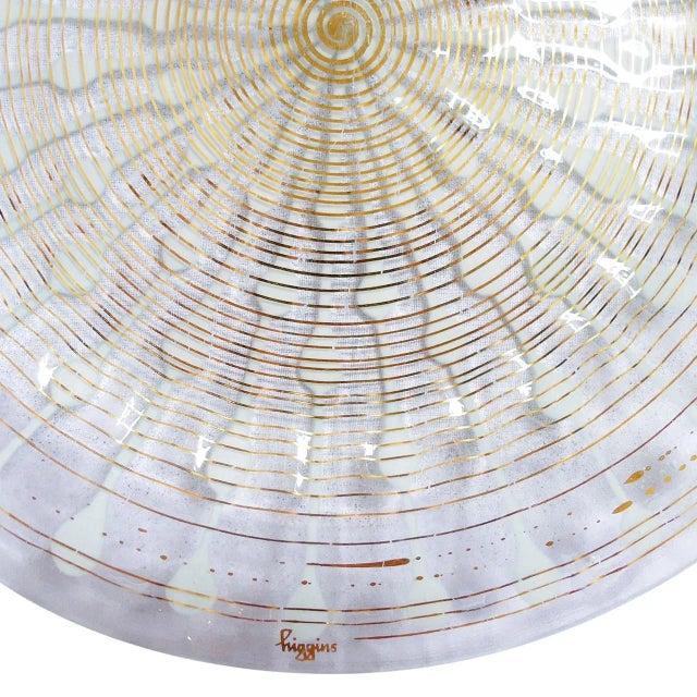 Clear fused and gilded art glass platter with a delicate white dandelion design from the "Classic Line" by Higgins Glass...