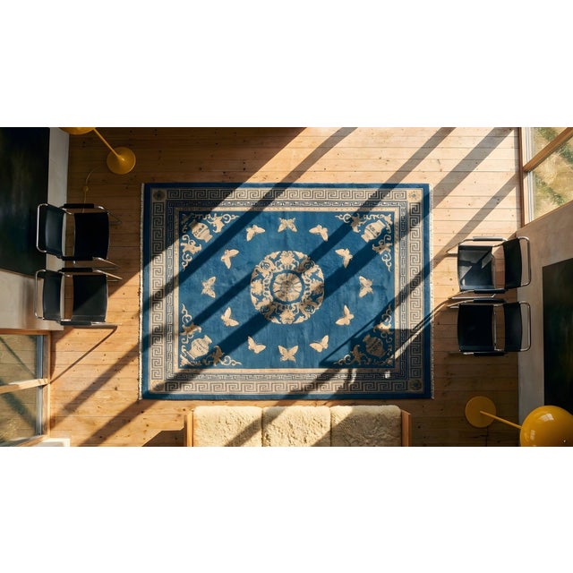 Blue 1920s Blue Floral-Medallion Antique Chinese Peking Rug 7'10" X 9'8" Handknotted Wool Carpet For Sale - Image 8 of 9