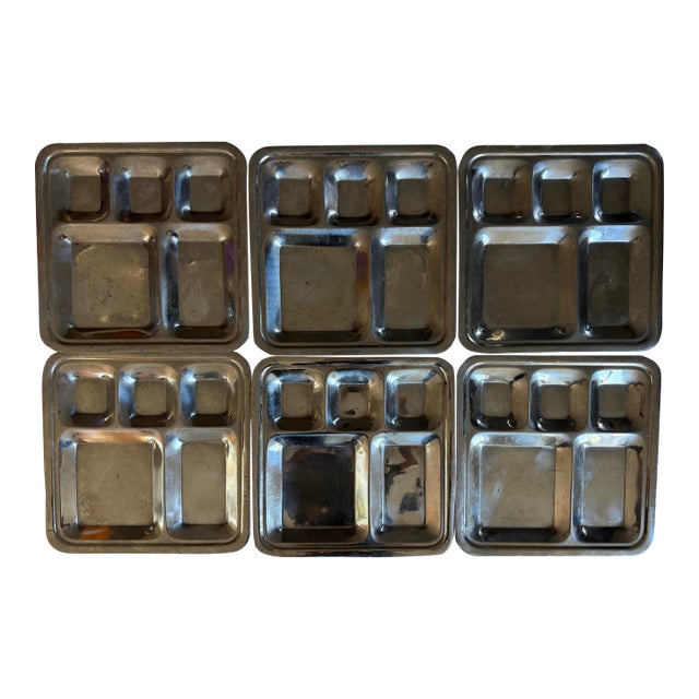 Set of 6 Vintage 5 Compartment Metal Food Serving Trays For Sale