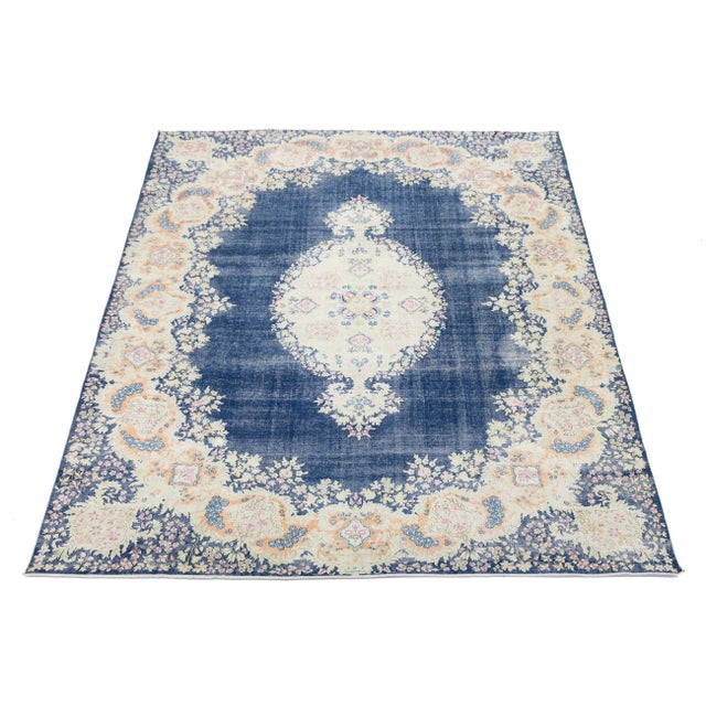 Persian 10x13 Antique Persian Kerman Rug - Large Floral Medallion - Navy & Cream For Sale - Image 3 of 11