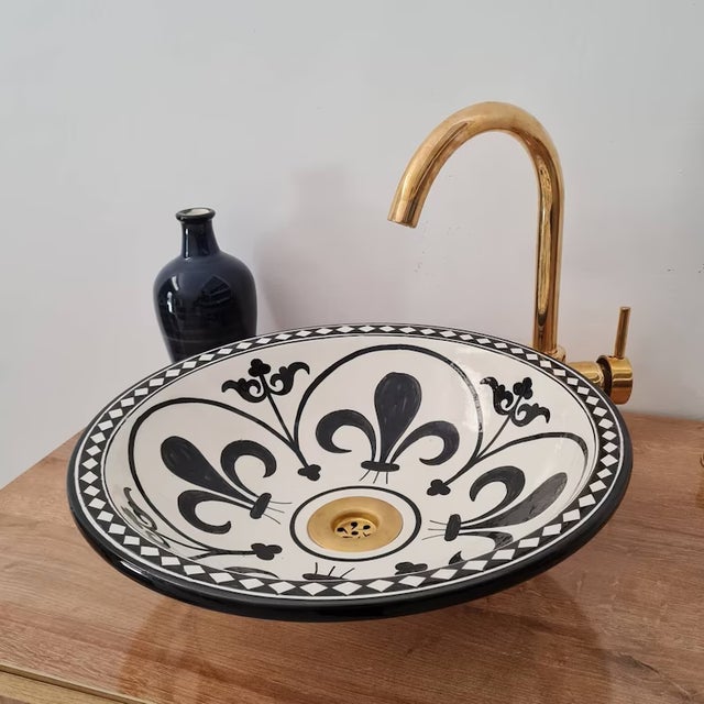 Contemporary Black and White Bathroom Sink with Brass Drain For Sale - Image 4 of 6