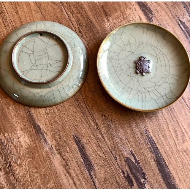 1980s Longquan Celadon Wares Sage Green Turtle Motif Art Plates- a Pair For Sale - Image 4 of 12