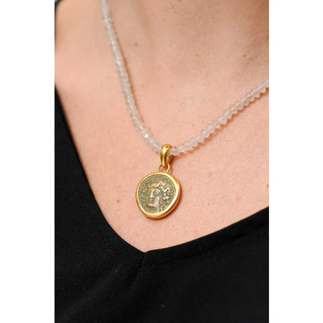 Metal Antique Ancient Greek Bronze Coin in 22kt Pendant For Sale - Image 7 of 11