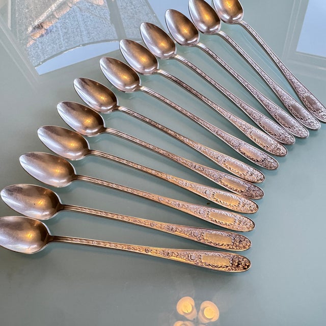Silver 1930s Art Deco Silverplate Ice Tea Spoons (12 Pc), Mildred Pattern Pristine For Sale - Image 8 of 18