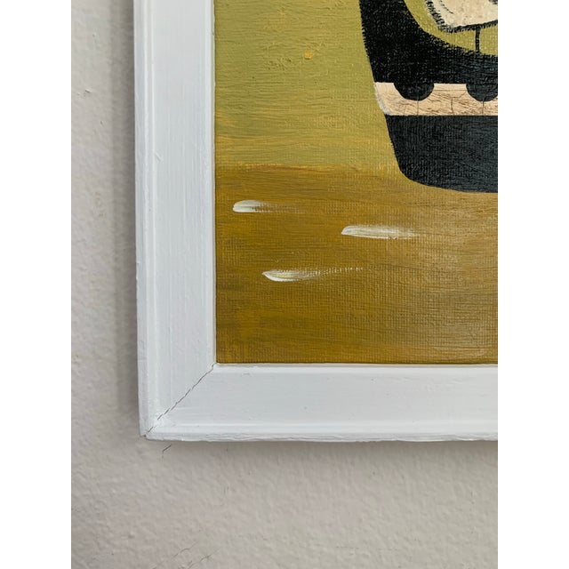 This striking seascape combines classic nautical charm with a fresh, modern touch. The background is a warm gold-straw...