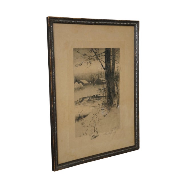 Late 19th century black and white etching by Henry Pruett Share. Vertical nighttime winter landscape of farm buildings and...