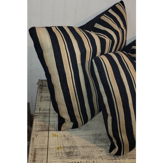 Collection of Four 19Thc Striped Blue and White Linen Pillows For Sale In Los Angeles - Image 6 of 6