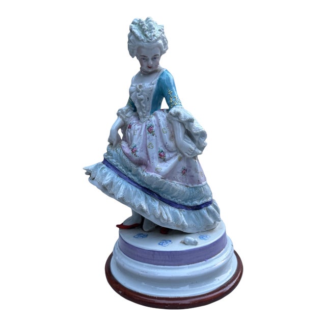 Antique German Porcelain Lady Figurine 10.5” Hand Painted Rococo Statue For Sale