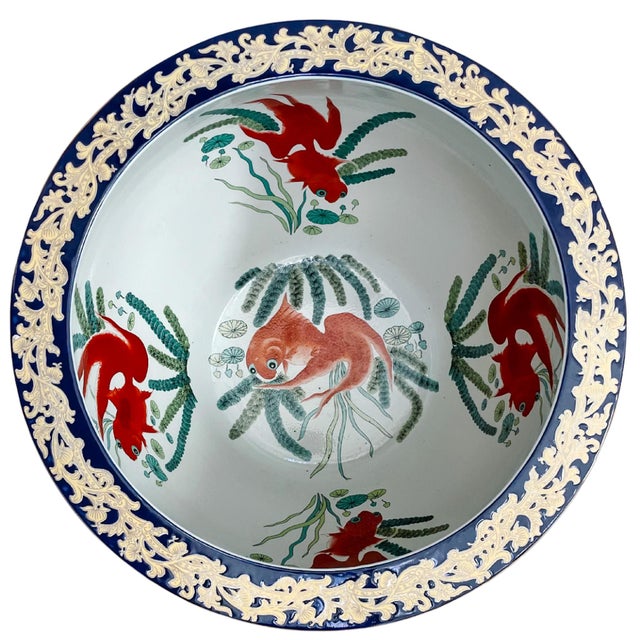 Blue Mid 20th Century Large Scale Chinese Export Rose Canton Fish Bowl Planter For Sale - Image 8 of 10