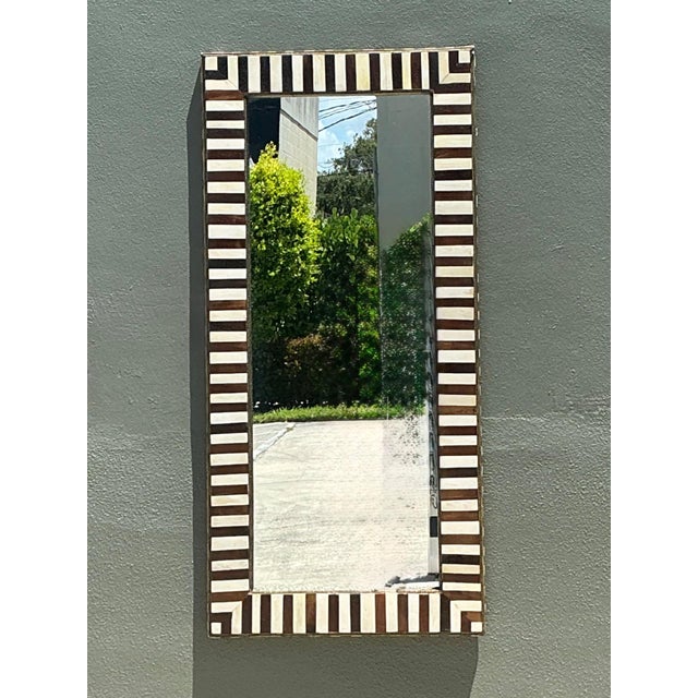 Mid-Century Modern Vintage Striped Bone Inlay Wall Mirror For Sale - Image 3 of 14