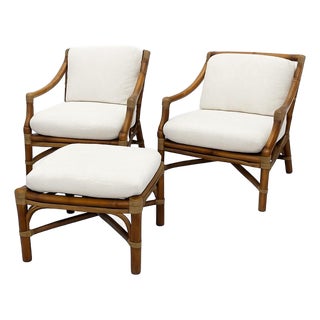 Mid 20th Century McGuire Organic Modern Rattan Lounge Chairs (Pair) With Ottoman For Sale