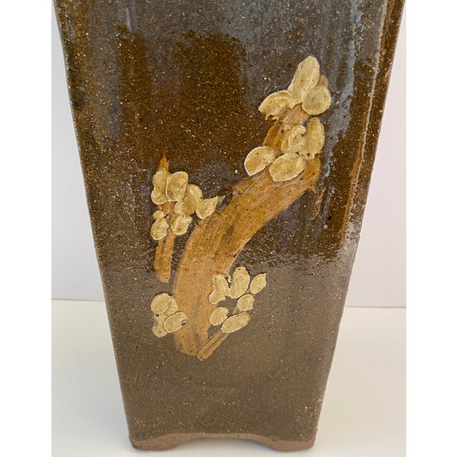 Early 20th Century Tall Mid-Century Chinese Glazed Earthenware Floor Vase or Planter With Floral Motif For Sale - Image 5 of 7