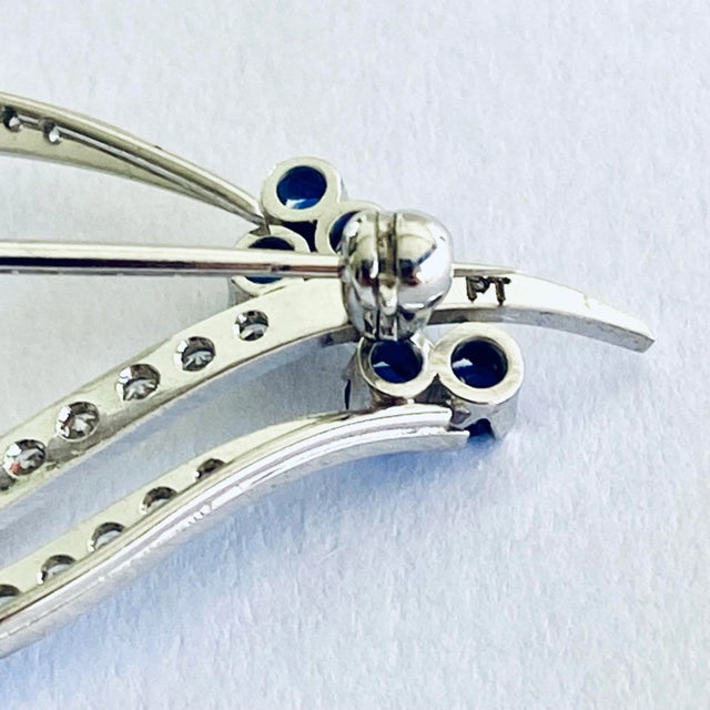 1960s Platinum 1.75 Inch Flower Cluster Spray Brooch Diamond Leaves and Sapphires For Sale - Image 9 of 9