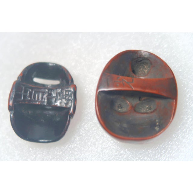 Brown Antique Carved Japanese Wood Mask Netsukes, Signed Deme Joman and Iko For Sale - Image 8 of 10