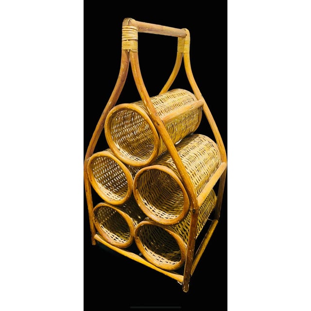 1970s Vintage Boho Coastal Wicker Rattan Sculptural Wine Bottle Rack Holder For Sale In Miami - Image 6 of 11