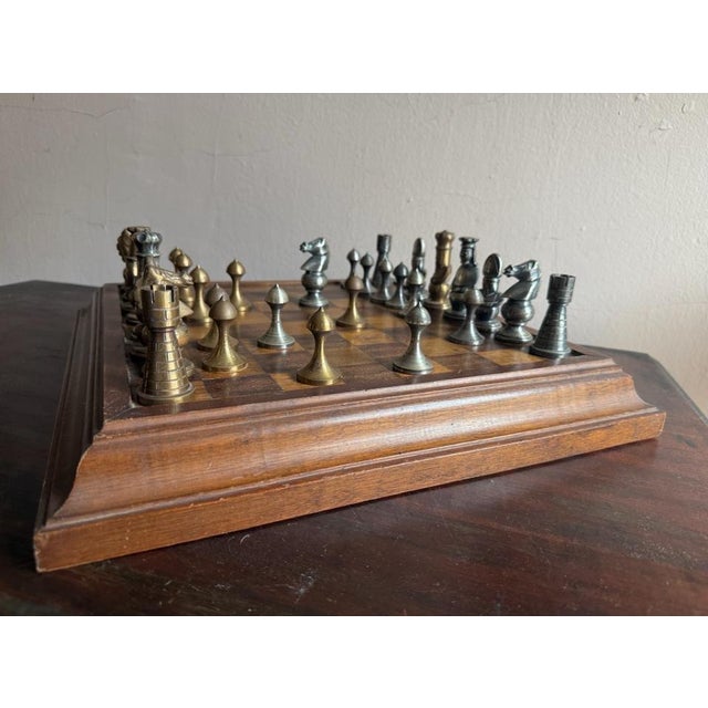 Mid-Century Medieval-Style Cast Metal Chess Set With Hardwood Board and Hand-Carved Storage Box For Sale - Image 11 of 14