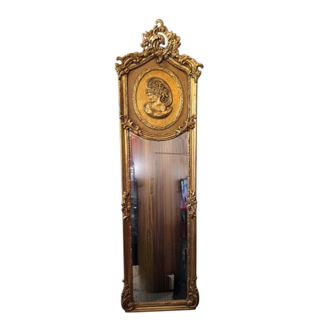 Antique Baroque Gilt Gold Pier Mirror With Classical Lady Medallion, 69” For Sale - Image 4 of 8
