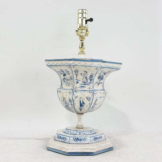 Vintage Hand-Painted Dutch Blue and White Tile-Style Metal Table Lamp - Octagonal Urn With Pastoral Scenes For Sale In New York - Image 6 of 17