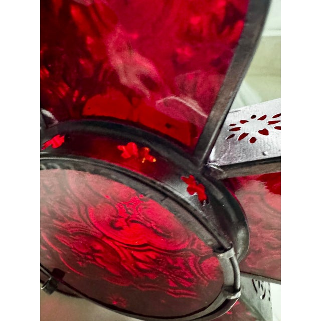 Vintage Red Stained Glass Hanging Votive With Pierced Metal Frame For Sale In Portland, OR - Image 6 of 12