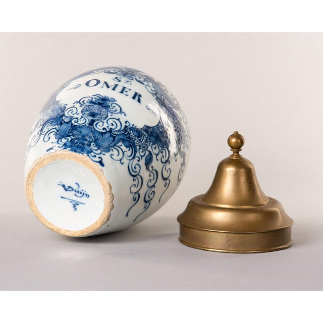 Metal Dutch Delftware Blue & White Tobacco Jar, "St. Omer," With Brass Lid, Early 19th Century For Sale - Image 7 of 9