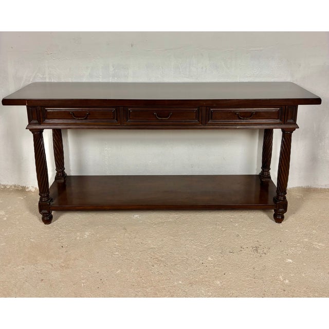 1930s Large Spanish Walnut Rustic Console With Three Drawers and Lower Shelf, 1930s For Sale - Image 5 of 15