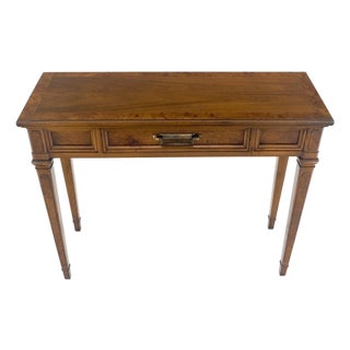 Very Fine Burl Wood Compact One Drawer Tapered Legs 36" Wide Console Table MINT For Sale