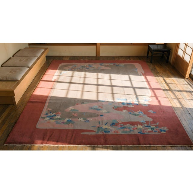 Textile 1920s Gray Floral Antique Chinese Art Deco Rug 9'2" X 11'9" Handknotted Wool Carpet For Sale - Image 7 of 8