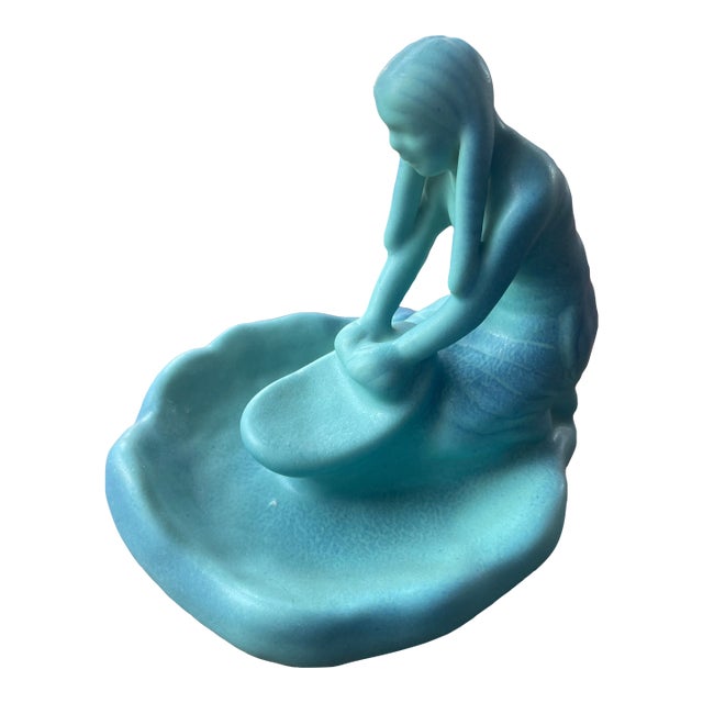 Art Deco Van Briggle Pottery Ming Blue Native American Indian Girl Grinding Corn Maize Sculpture For Sale