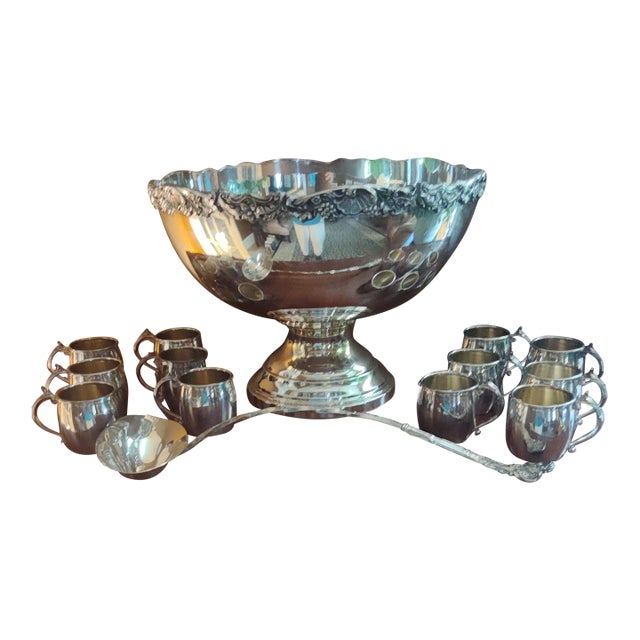Vintage Fb Rogers Silver Co Silverplate Punch Bowl Set With 12 Cups & Ladle 5614 For Sale