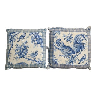 Pair of Vintage Pierre Frey Blue and White Cotton Bird Print Toile De Juoy and Plaid Pillows For Sale
