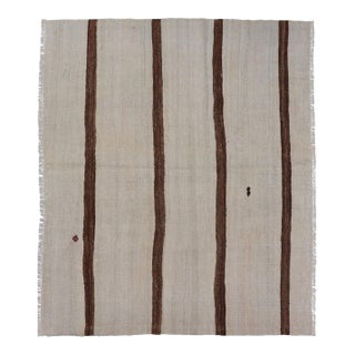 Vintage Turkish Kilim Rug Ivory Field With Brown Vertical Stripes Wool For Sale