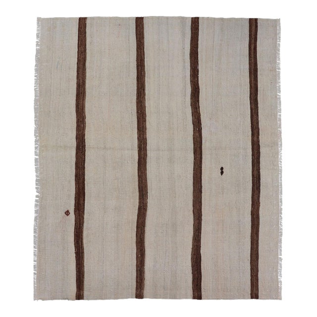 Vintage Turkish Kilim Rug Ivory Field With Brown Vertical Stripes Wool For Sale
