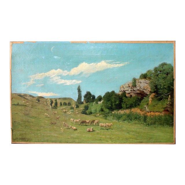 French Oil Painting Pastoral Landscape With Grazing Sheep, 19th Century (Signed) For Sale