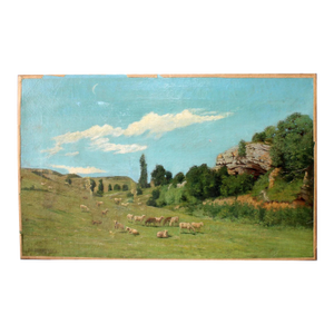 French Oil Painting Pastoral Landscape With Grazing Sheep, 19th Century (Signed)