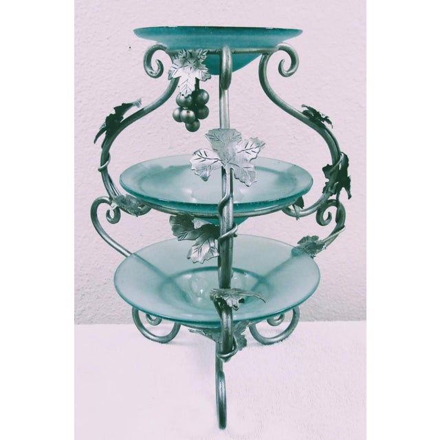 Italian 1990s Murano Style Art Collection Bordeaux Blue Glass 3 Tier Server Grapes and Grapevine For Sale - Image 3 of 9