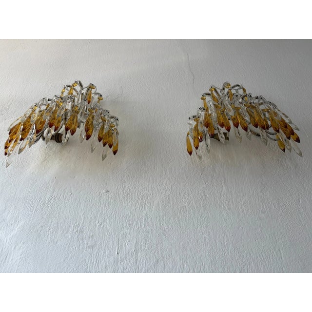 1920s Italian Micro Beaded Yellow Amber & Clear Loaded Crystal Sconces, Circa 1920 For Sale - Image 5 of 11