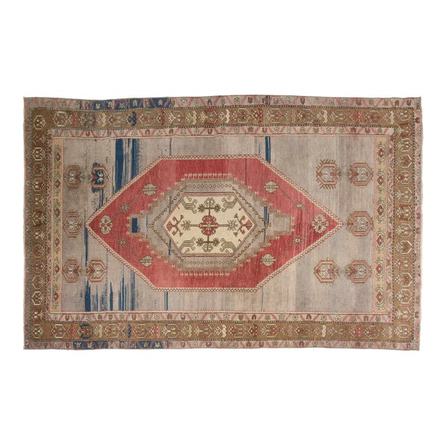 Vintage Turkish Anatolian Medallion Rug in Rose, Slate Blue, and Taupe For Sale