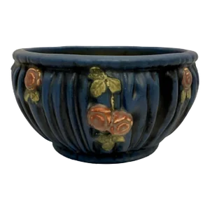Antique Weller Pottery Blue Planter Bowl With Pink Flowers