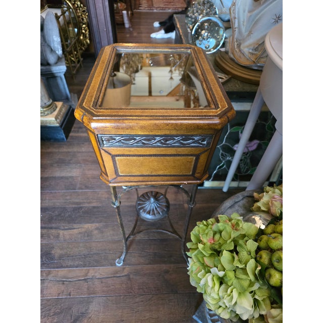 Brown Leather and Glass Display Case End Table With Iron Base For Sale - Image 8 of 11