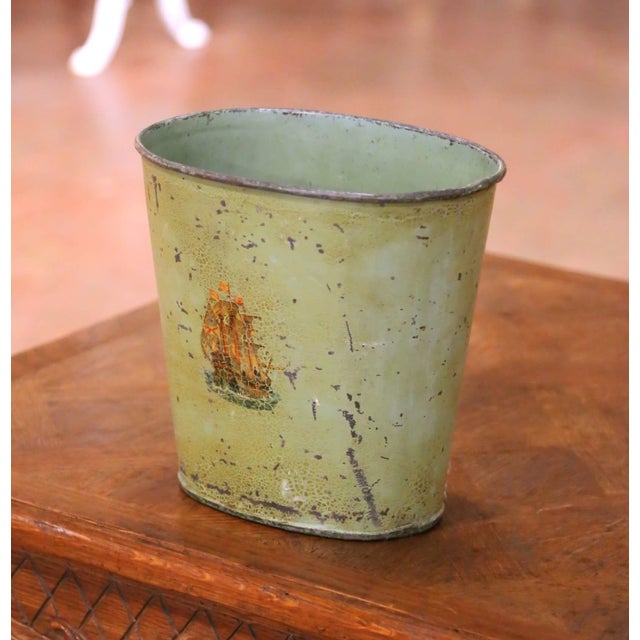 Metal Early 20th Century French Hand-Painted Tole Waste Basket With Sailing Ship For Sale - Image 7 of 9