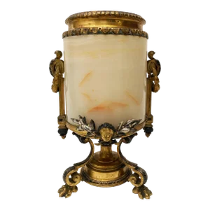Mid 19th Century Early French Silvered & Dore Bronze With Honey Alabaster Vase on Claw Feet