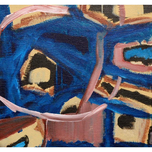 Small-scale vibrant contemporary abstract composition with blue, gold, & pink by Aromas, California, Monterey Bay Area...